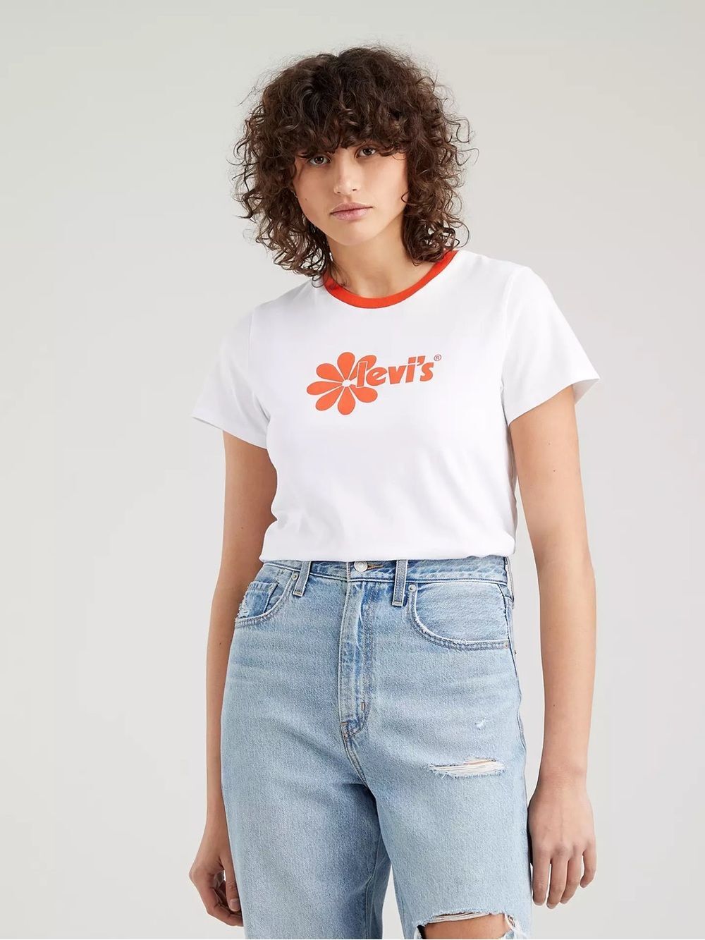Levi's Graphic Jordie White Ringer Tee with Retro Enamel Orange Daisy Logo